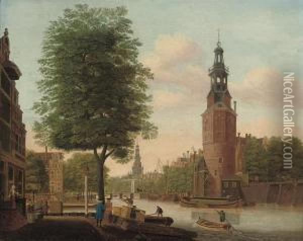 The Oude Schans Canal With The Tower Of Montelbaan, Amsterdam Oil Painting - Jan Spaan