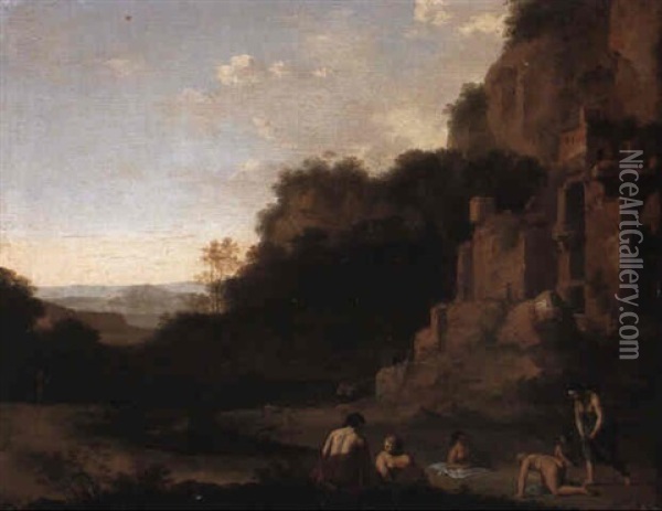 Nymphs Bathing In A Pool By Classical Ruins Oil Painting - Cornelis Van Poelenburgh