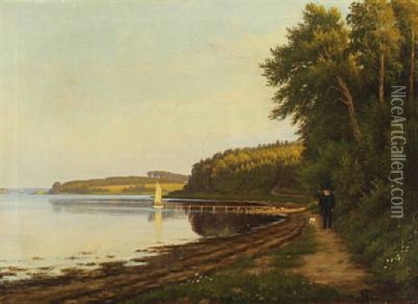 Coastal Scene With An Elderly Man Walking His Dog, In The Background Sailling Ships Oil Painting - Christian Bernh. Severin Berthelsen