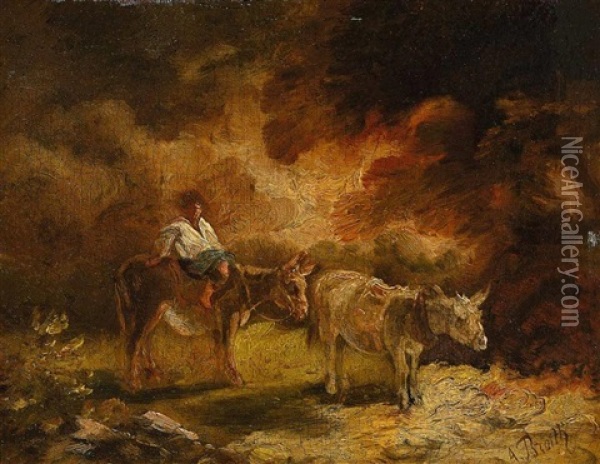 Bauernjunge Mit Zwei Eseln Oil Painting - Anton Braith