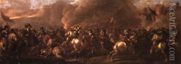 A Cavalry Skirmish Before A Fortified Town Oil Painting - Pandolfo Reschi