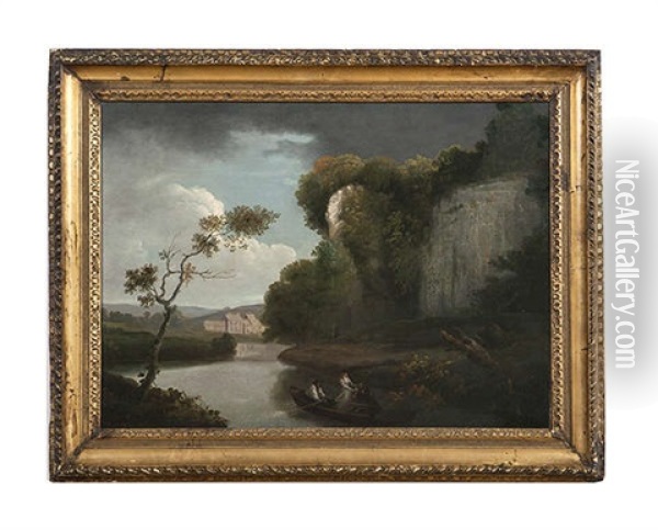 Figures In A Rowboat In A River Landscape, With A Rocky Outcrop And A Country House Beyond Oil Painting - George Barret