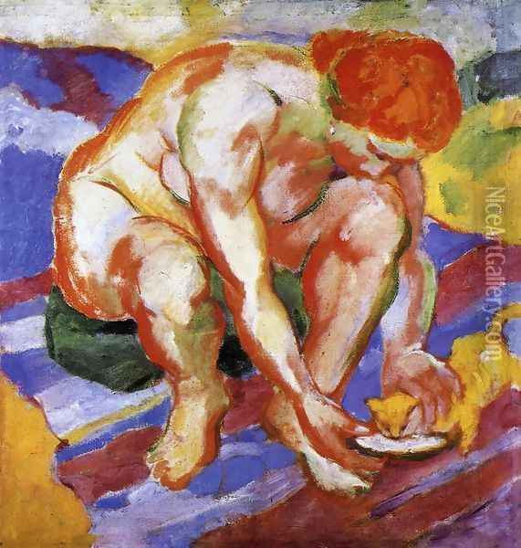 Nude With Cat Oil Painting - Franz Marc