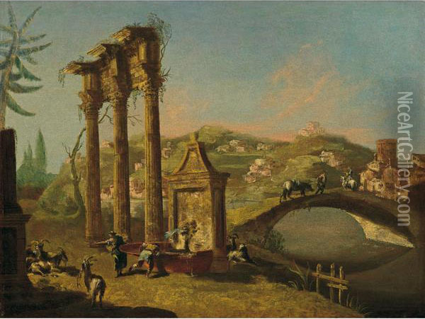 Capriccio Con Resti Architettonici Classici E Un Ponte Oil Painting - Michele Marieschi