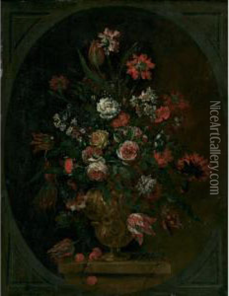 Still Life Of Flowers In An Elaborate Metal Urn On A Plinth With Cherries Oil Painting - Bartolommeo Bimbi