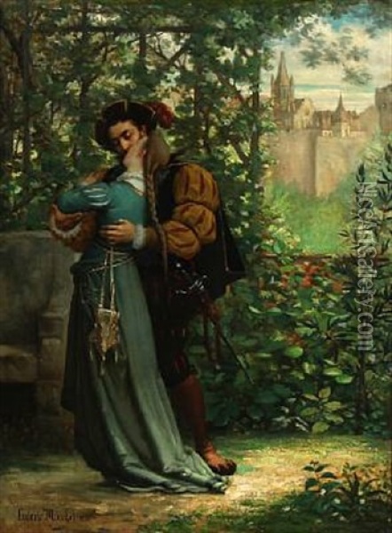 Scene From A Park With A Kissing Couple In Renaissance Costumes Oil Painting - Ludovic (Louis Hippolyte) Mouchot