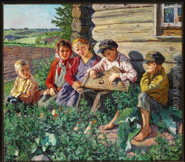 Summer Day In Russia With A Boy Playing Citar For The Girls Oil Painting - Nikolai Petrovich Bogdanov-Bel'sky