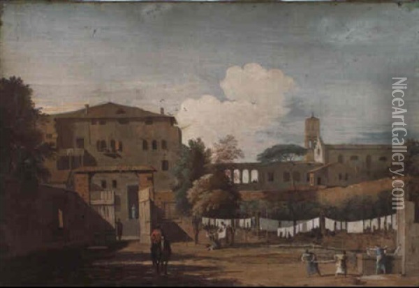 View Of An Italianate Courtyard With Women Hanging Washing Oil Painting - Marco Ricci