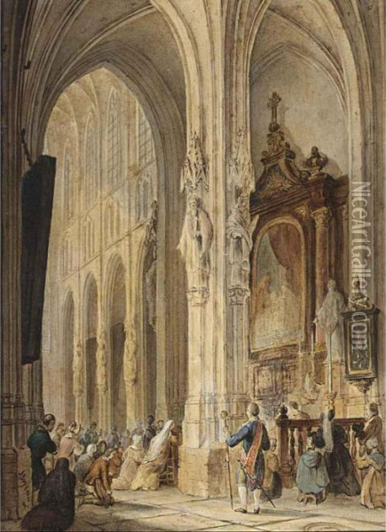 A Church Interior With People Attending Mass Oil Painting - Johannes Bosboom