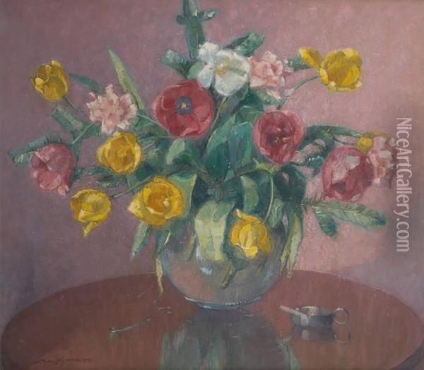 Vase Fleuri De Roses Et Depivoines Oil Painting - Mecislas De Rakowsky