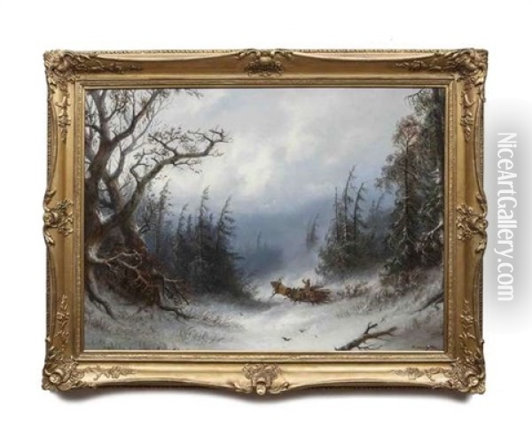 Loading Firewood In A Snowy Forest Landscape Oil Painting - Adolf Schreyer