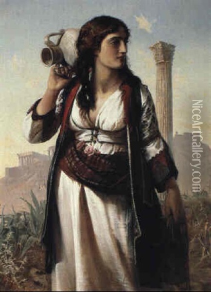 Greek Girl Standing Before The Acropolis Oil Painting - Elisabeth Anna Maria Jerichau-Baumann