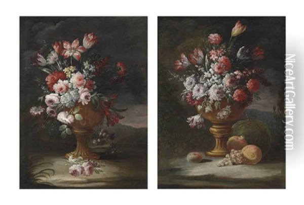 Peonies, Tulips And Other Flowers In An Urn With Grapes, Pomegranates And Other Fruit In A Wooded Landscape (+ Roses, Peonies, Tulips And Other Flowers In An Urn In A Wooded Landscape; Pair) Oil Painting - Gasparo Lopez