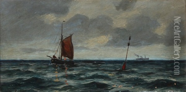 Clouds Over A Steamer And A Sailboat With Red Sails Oil Painting - Holger Henrik Herholdt Drachmann