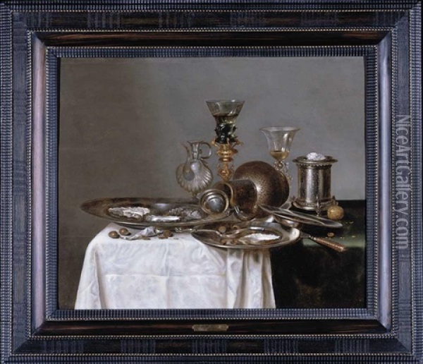 A Still Life With A Roemer, A Wine Glass, An Ice Bucket, Three Pewter Dishes And Other Objects, All Arranged On A Partly Draped Table Oil Painting - Cornelis Mahu