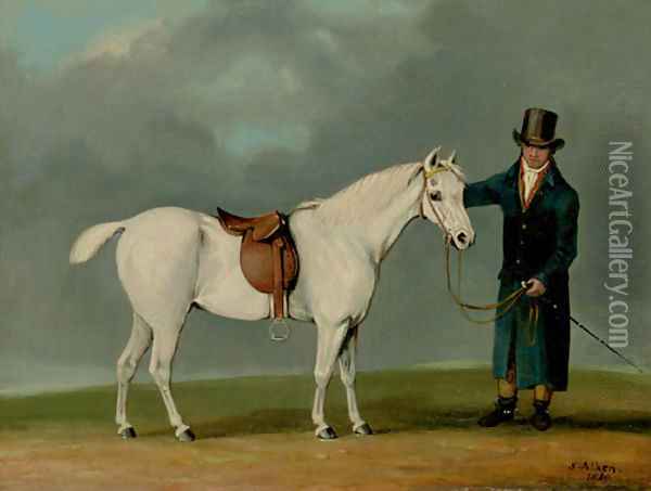A Gentleman with a Saddled Grey Hunter Oil Painting - Samuel Henry Gordon Alken