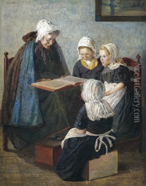 Die Marchenstunde. Grosmutter Liest Den Enkelinnen Vor Oil Painting - Walter Firle