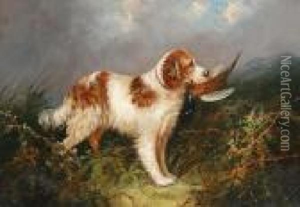 A Setter With A Pheasant; Two Dogs In Astable Oil Painting - J. Langlois