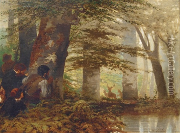 Hunters And Stags Oil Painting - Charles Soubre