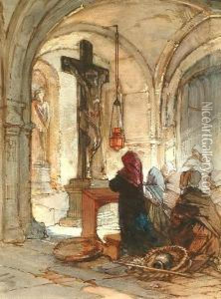 Figures Praying In A Church. Oil Painting - Guido Bach