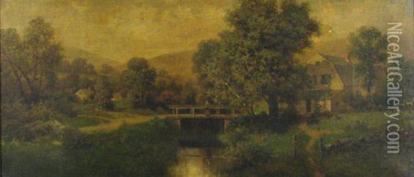 Landscape With Figure On Bridge Oil Painting - Milton H. Lowell