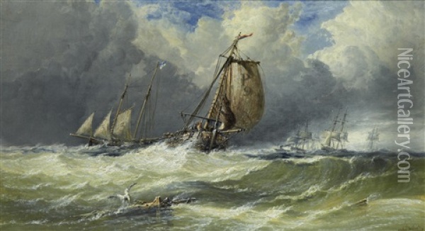 Fishing Vessels In Rough Weather Oil Painting - Arthur Joseph Meadows