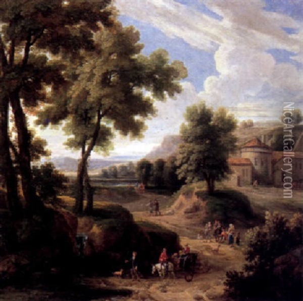 Peasants Returning From Market On A Sandy Track By A Waterfall In An Italianate Landscape Oil Painting - Pieter Bout