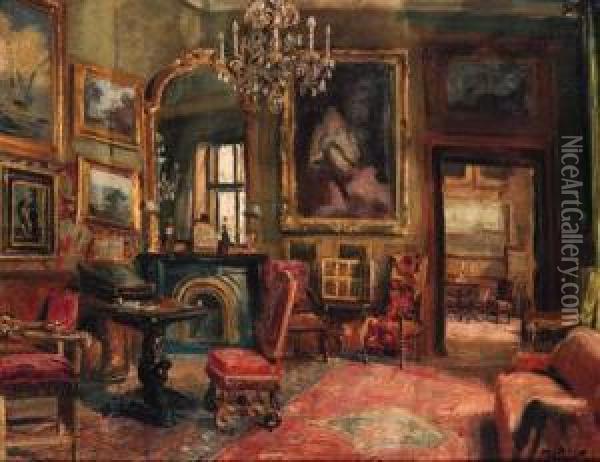 A Continental Interior Oil Painting - Geza Wagner