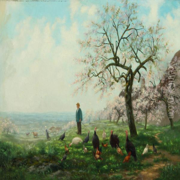 Spring Landscape With Orchard In Blossom And Grazing Turkeysand Hens Oil Painting - Eugene D' Argence