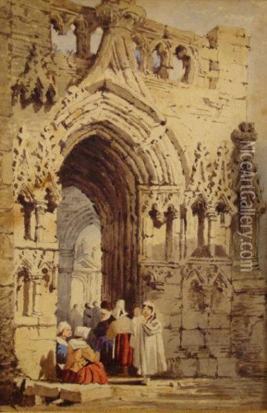 Figures Gathered Beneath The Porch Of An Ecclesiasticalbuilding Oil Painting - Samuel Prout