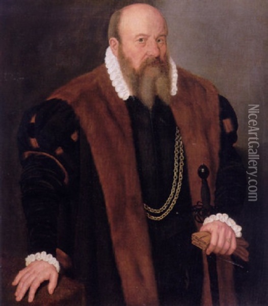 Portrait Of Andreas Imhoff, Chief Councillor Of Nuremberg, Standing Beside A Table, Wearing A Black Doublet And Gold Chains Oil Painting - Nicolas Neufchatel
