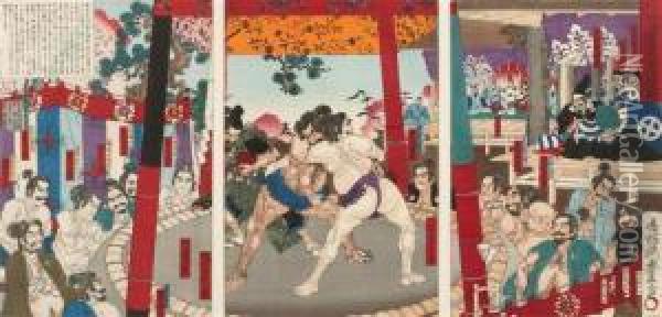 Triptychon Bestehend Aus Oban Tate-e. Lebhafte Darstellung Oil Painting - Utagawa Toyonobu