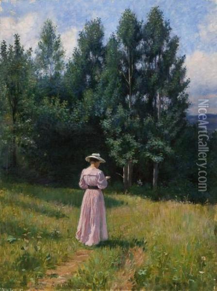 Reading Woman In A Summer Landscape Oil Painting - Eivind Nielsen