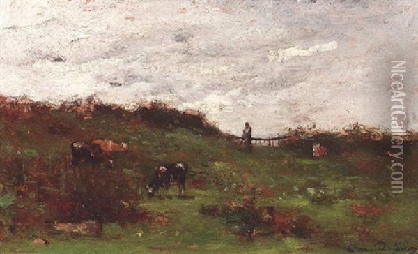 Weidelandschaft Mit Hirten Und Vieh Auf Einem Wiesenhang Oil Painting - Camille Emile Dufour