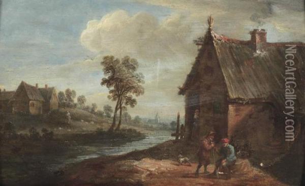A River Landscape With Peasants Outside A Cottage Oil Painting - David The Younger Teniers
