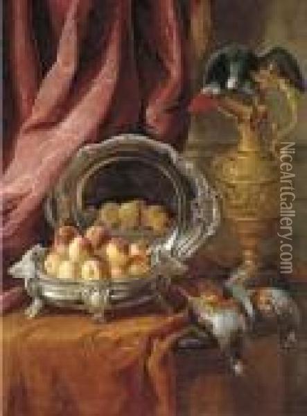 Peaches In A Silver-footed Bowl,
 A Silver Platter, An African Grey Parrot Perched On A Vermeil Ewer And 
Game Birds On A Partly-draped Tabletop Oil Painting - Alexandre-Francois Desportes