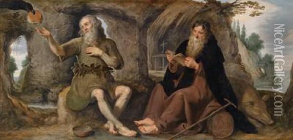 Die Heiligeneremiten Antonius Abbas Und Paulus Im Gesprach Oil Painting - Gaspar De Crayer
