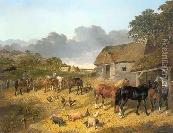 Horses Drinking From Trough with Pigs and Chickens in a Farmyard Oil Painting - John Frederick Herring Snr