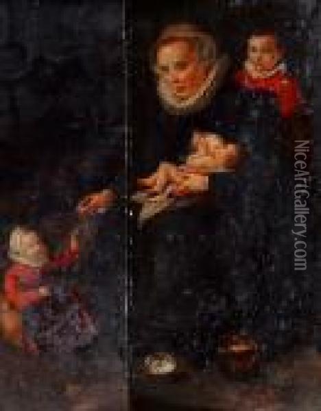 Portrait Of A Lady With Her Three Children Inan Interior Oil Painting - Maarten de Vos