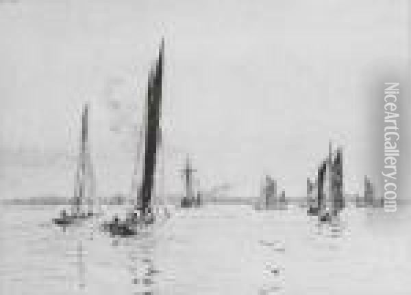 Yachts Racing In Light Airs Oil Painting - William Lionel Wyllie