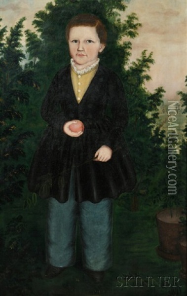 Portrait Of Theodore Collins Aged 4 Years, Holding A Peach And A Leafy Branch Oil Painting - Susan Catherine Waters