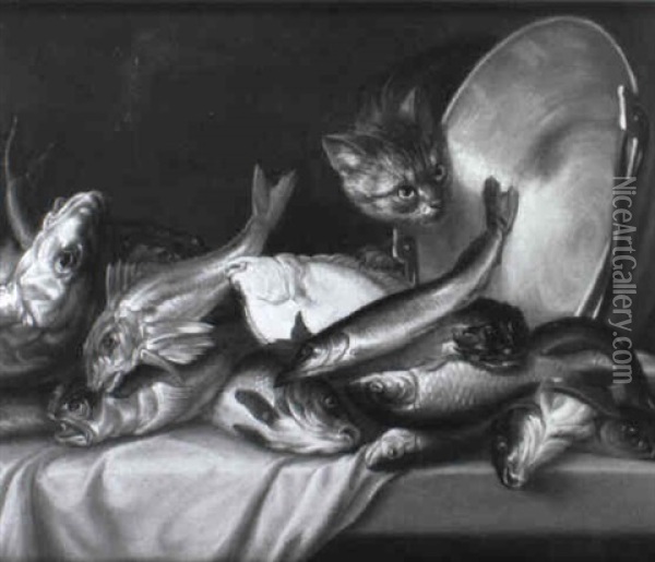 A Cat With Fish On A Table Oil Painting - Willem Ormea