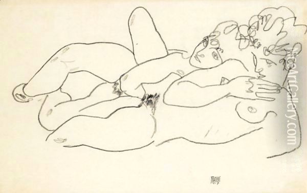 Zwei Liegende Akte (Two Reclining Nudes) Oil Painting - Egon Schiele