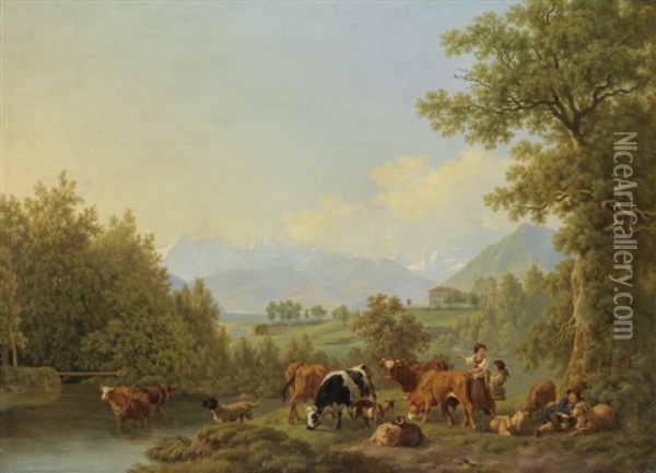 Pastorale Landschaft Mit Landsitz Eichberg Und Berner Alpen In Der Ferne Oil Painting - Pierre Louis De La Rive