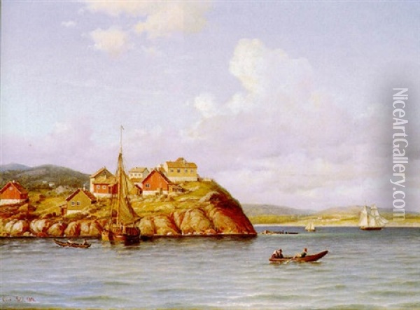 Fjordparti Med Huse Pa Klipperne Og Bade Pa Stille Vand, Kristiansand, Norge Oil Painting - Carl Ludwig Bille