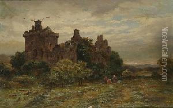 Haymakers By A Ruined Castle Oil Painting - David Law