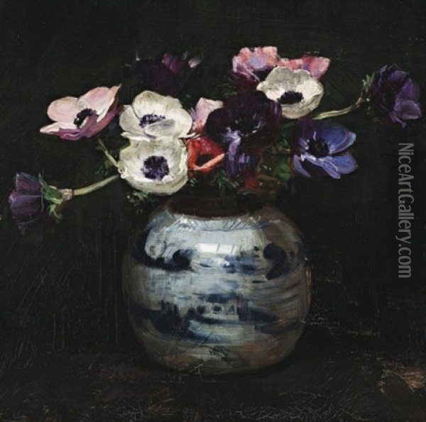 Anemones In An Oriental Vase, 1929 Oil Painting - Arthur Streeton