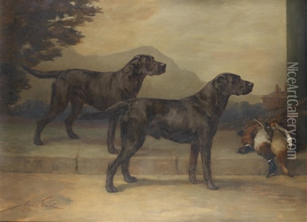 Labrador Retrievers: Field Trial Champion Peter Of Whitmore And Champion Type Of Whitmore Oil Painting - Maud Earl