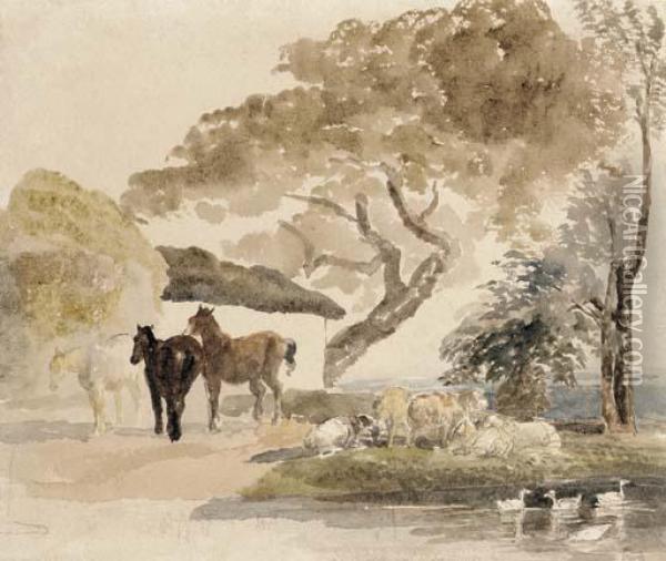 Horses And Sheep By A Farm Pond Oil Painting - Peter de Wint