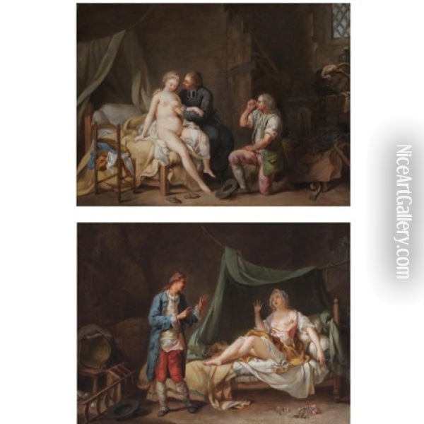 A Bedroom Scene With A Female Nude And Two Male Figures (+ A Bedroom Scene With A Woman Shunning A Man's Advances; Pair) Oil Painting - Jean Baptiste Greuze